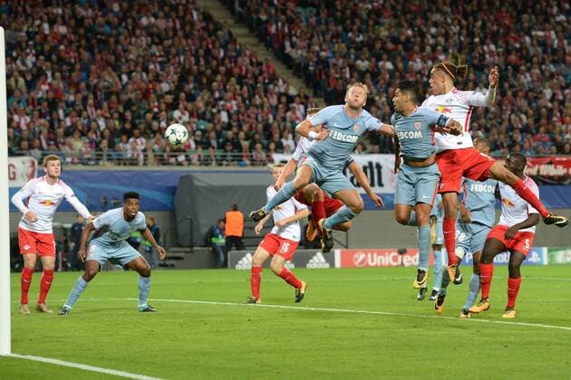 Fussball, Herren, Saison 2017 2018, Champions League (Gruppe G, 1. Spieltag), RB Leipzig - AS Monaco, Timo Werner (Nr. 11, RB Leipzig), Jemerson (Nr. 5, AS Monaco), Kamil Glik (Nr. 25, AS Monaco), Radamel Falcao (Nr. 9, AS Monaco), Yussuf Poulsen (Nr. 9, RB Leipzig), 13.09.2017, Copyright: xMatthiasxKochx