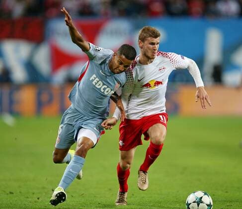 Bilder des Tages - SPORT 13.09.2017, Fussball UEFA Champions League 2017 2018, Gruppenphase, 1.Spieltag, RB Leipzig - AS Monaco, in der Red Bull Arena Leipzig. v.l. Jorge (AS Monaco) gegen Timo Werner (RB Leipzig)