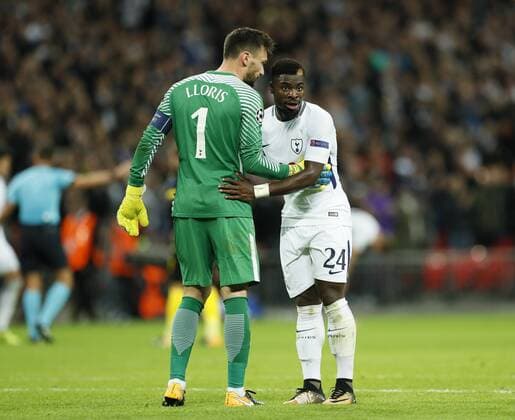 Tottenham s Hugo Lloris speaks to Serge Aurier during the champions league match at Wembley Stadium, London. Picture date 13th September 2017. Picture credit should read: David Klein Sportimage EDITORIAL USE ONLY. No use with unauthorised audio, video, data, fixture lists, club league logos or live services. Online in-match use limited to 120 images, no video emulation. No use in betting, games or single club league player publications.