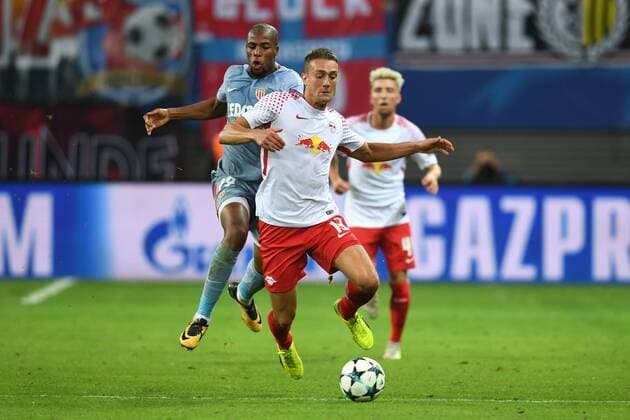Fussball, Herren, Saison 2017 2018, Champions League (Gruppe G, 1. Spieltag), RB Leipzig - AS Monaco, Djibril Sidibe (Nr. 19, AS Monaco), Stefan Ilsanker (Nr. 13, RB Leipzig), 13.09.2017, Copyright: xMatthiasxKochx