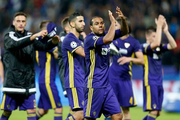 SOCCER - CL, Maribor vs Spartak MARIBOR,SLOVENIA,13.SEP.17 - UEFA Champions League, group stage, NK Maribor vs FK Spartak Moscow. Image shows Marcos Tavares (Maribor) celebrating with fans. GEPAxpictures xDavidxRodriguez
