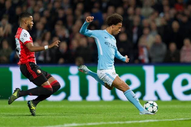 Rotterdam, Netherlands 08.03.2017, UEFA Champions League - 2017 18 Season, Gruppenphase - Gruppe F - 1. Spieltag, Feyenoord Rotterdam - Manchester City, Jeremiah St. Juste (Rotterdam) und Leroy Sane (ManC) im zweikampf ( DeFodi001