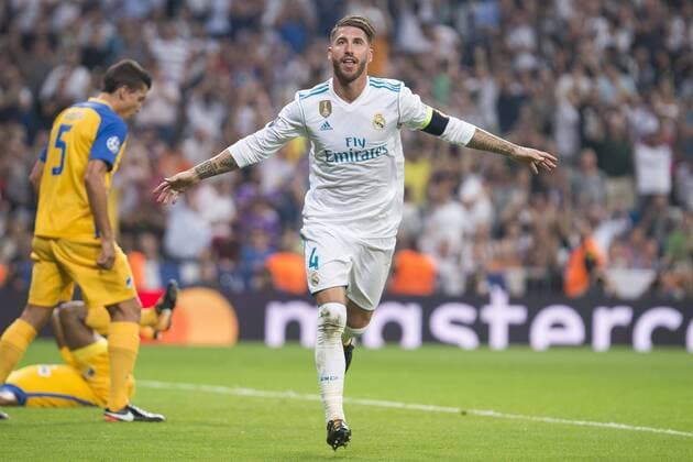 Fußball, CL, Real Madrid - Apoel Nikosia Real Madrid s Sergio Ramos celebrating a goal during UEFA Champions League match between Real Madrid and Apoel at Santiago Bernabeu Stadium in Madrid, Spain September 13, 2017.  (20170913037)