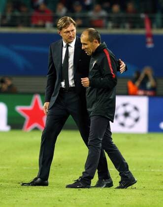 Trainer Ralph Hasenhüttl, Trainer Leonardo Jardim nach Spielende Fußball Fussball UEFA CL Championsleague Herren Saison 2017 2018 13.09.2017 RB Leipzig RBL vs. AS Monaco