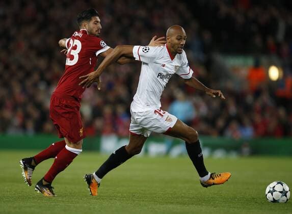 Emre Can of Liverpool chases after Steven NÕZonzi of Sevilla during the Champions League Group E match at the Anfield Stadium, Liverpool. Picture date 13th September 2017. Picture credit should read: Simon Bellis Sportimage EDITORIAL USE ONLY. No use with unauthorised audio, video, data, fixture lists, club league logos or live services. Online in-match use limited to 120 images, no video emulation. No use in betting, games or single club league player publications.