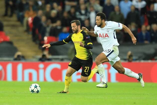 13th September 2017, Wembley Stadium, London, England; Champions League Group stage, Tottenham Hotspur versus Borussia Dortmund; Mousa Dembele of Tottenham Hotspur closes down Gonzalo Castro of Borussia Dortmund  ActionPlus11929822