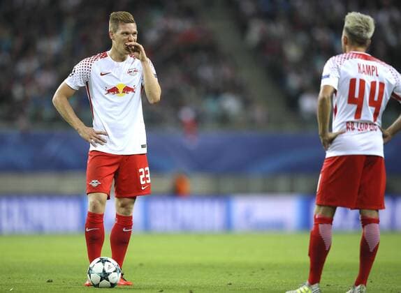 Foto: Verlierermiene bei Leipzig , Marcel Halstenberg und Kevin Kampl Fussball - Championsleague am Mi. 13.09.2017 Gruppenspiel BRB Leipzig - AS Monaco 1 - 1