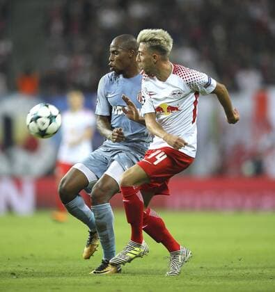 Foto: Fabinho ( Monaco ) gegen Kevin Kampl Fussball - Championsleague am Mi. 13.09.2017 Gruppenspiel BRB Leipzig - AS Monaco 1 - 1