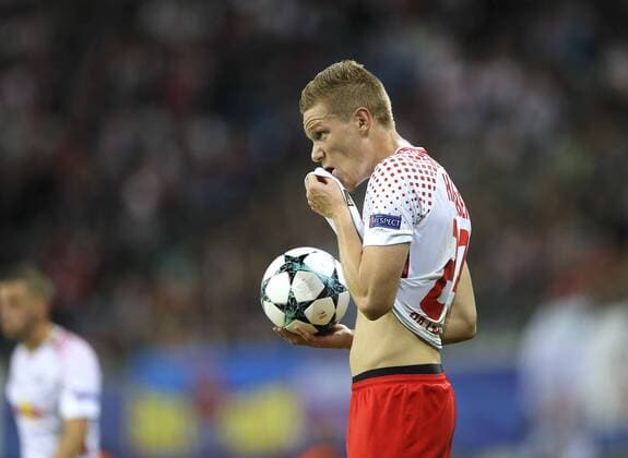 Foto: skeptische Miene bei Marcel Halstenberg Leipzig Fussball - Championsleague am Mi. 13.09.2017 Gruppenspiel BRB Leipzig - AS Monaco 1 - 1