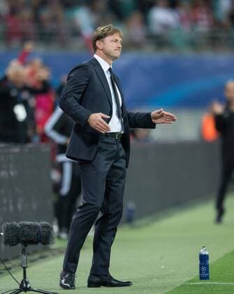 Cheftrainer Ralph Hasenhuettl (L) Fussball international: UEFA Championsleague, Saison 2017 2018, Gruppenspiel: RB Leipzig - AS Monaco FC in Leipzig, Deutschland am 13.09.2017,