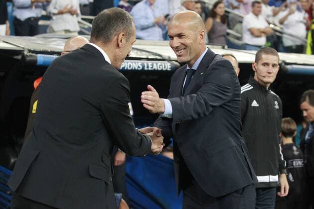Real Madrid s coach Zinedine Zidane (r) and Apoel FC s coach Giorgos Donis during Champions League Group H match 1. September 13,2017.  (2017091329)