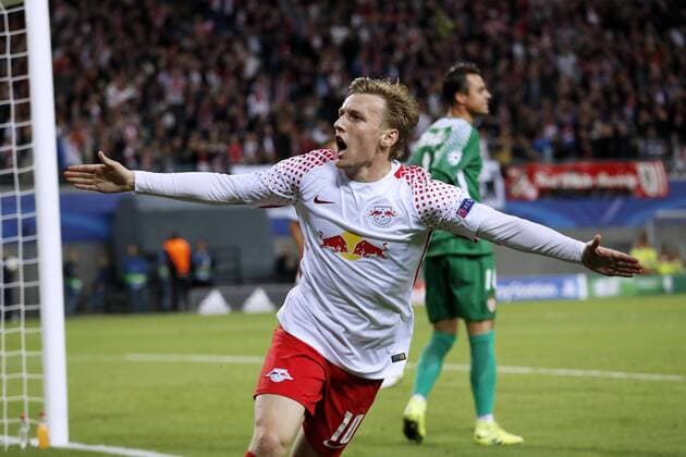 FORSBERG Emil Team RB Leipzig Jubelt nach seinem Tor zum 1 : 0 Champions League Gruppe G Saison 2017-2018 Spiel RB Leipzig-AS Monaco 1 : 1 Am 13. September 2017 in Arena Leipzig