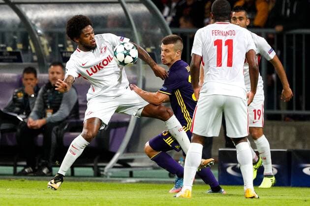 September 13, 2017 - Maribor, Slovenia, Slovenia - Damjan Bohar of NK Maribor challenges Luis Adriano of Spartak Moskva during the UEFA Champions League Group E match between NK Maribor and Spartak Moskva at Stadion Ljudski Vrt adio on September 13, 2017 in Maribor, Slovenia. NK Maribor v Spartak Moskva - UEFA Champions League  - ZUMAn230 20170913_zaa_n230_354 Copyright: xDamjanxZibertx