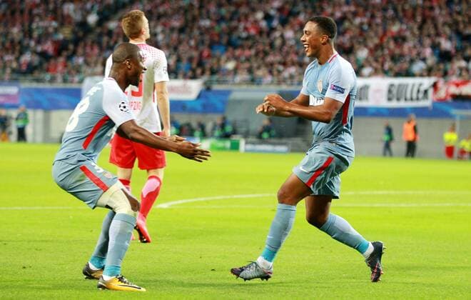 GER, 1. FBL, Champions League, Vorrunde, RasenBallsport Leipzig vs AS Monaco 13.09.17 , Leipzig, Red Bull Arena, GER, 1.FBL, Saison 2017 2018, Chamions League, Vorrunde, 01. Spieltag, RasenBallsport Leipzig vs AS Monaco im Bild Torjubel Almamy Toure und Youri Tielemans (Monaco) nach dem Tor zum 1:1 Ausgleich durch Youri Tielemans
