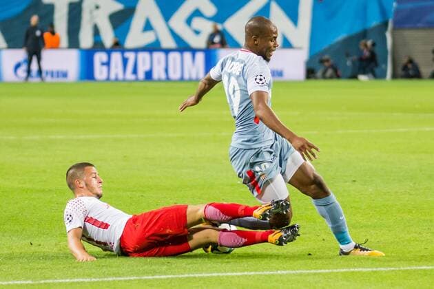 v.li.: Diego Demme (RB Leipzig, 31), Djibril Sidibe (AS Monaco, 19); Zweikampf, Duell, Aktion, action, Fußball, Männer, UEFA Champions League, RB Leipzig - AS Monaco,