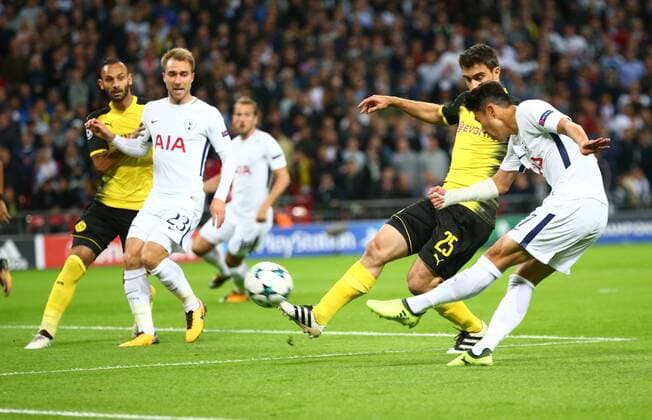 September 13, 2017 - London, England, United Kingdom - Tottenham Hotspur s Son Heung-Min scores his sides first goal .during Champion League Group H match between Tottenham Hotspur against Borussia Dortmund at Wembley stadium, London, UK on 13 Sepember 2017. Tottenham won the game 3-1. Tottenham Hotspur v Borussia Dortmund - UEFA Champions League  - ZUMAn230 20170913_zaa_n230_450 Copyright: xKieranxGalvinx