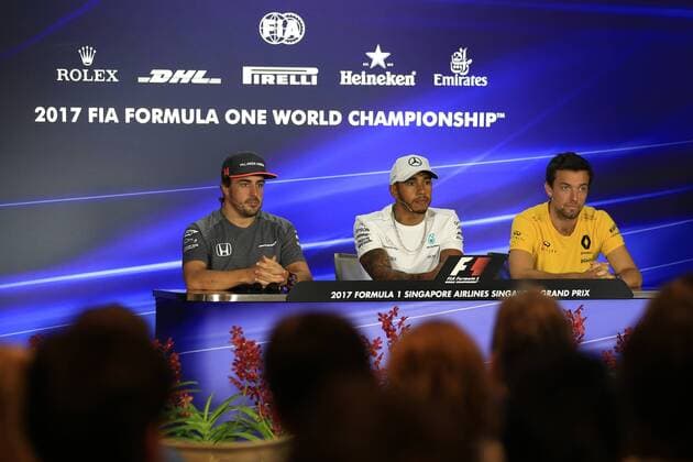 14th September 2017, Marina Bay Street Circuit, Singapore; Singapore Grand Prix, Driver press conference PK Pressekonferenz Lewis Hamilton - Mercedes AMG Petronas F1 Team, Fernando Alonso - McLaren Honda and Jolyon Palmer - Renault F1 Team  ActionPlus11929968