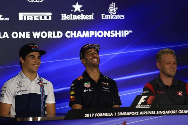 14th September 2017, Marina Bay Street Circuit, Singapore; Singapore Grand Prix, Driver press conference PK Pressekonferenz Lance Stroll - Williams Martini Racing, Daniel Ricciardo - Red Bull Racing and Kevin Magnussen - Haas F1 Team  ActionPlus11929973