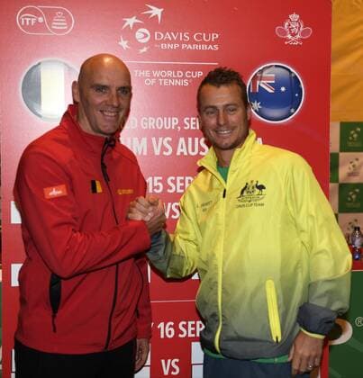 BRUSSELS, BELGIUM - SEPTEMBER 14 : Johan Van Herck and Leyton Hewiit during the draw prior to the Davis Cup World Group Semifinal match between Belgium and Australia on September 14, 2017 in Brussels, Belgium, 14 09 2017 TENNIS : Tirage Au Sort Coupe Davis Belgique - Australie - Bruxelles - 14 09 2017 PhotoNews Panoramic 
