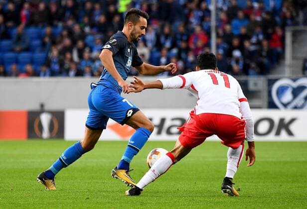 14.09.2017, xfux, Fussball Europa League, TSG 1899 Hoffenheim - Sporting Braga, emspor, v.l. Lukas Rupp (1899 Hoffenheim), Danilo (SC Sporting Braga) Sinsheim