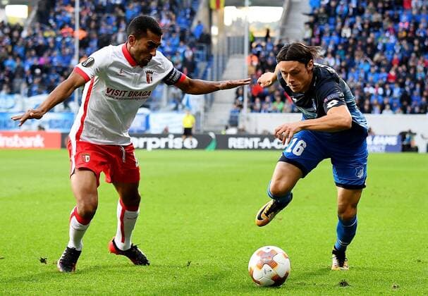 14.09.2017, xfux, Fussball Europa League, TSG 1899 Hoffenheim - Sporting Braga, emspor, v.l. Marcelo Goiano (SC Sporting Braga), Nico Schulz (1899 Hoffenheim) Sinsheim