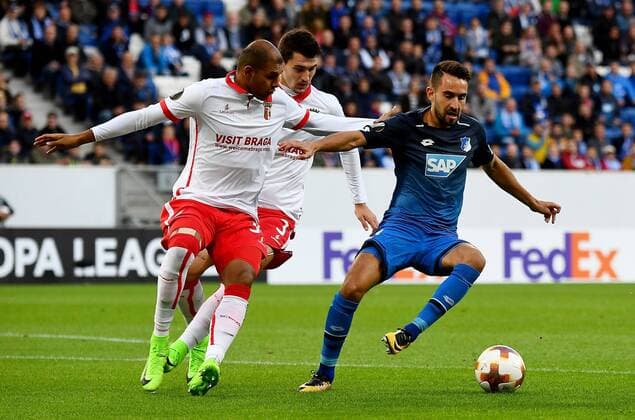 14.09.2017, xfux, Fussball Europa League, TSG 1899 Hoffenheim - Sporting Braga, emspor, v.l. Raul Silva (SC Sporting Braga), Lukas Rupp (1899 Hoffenheim) Sinsheim