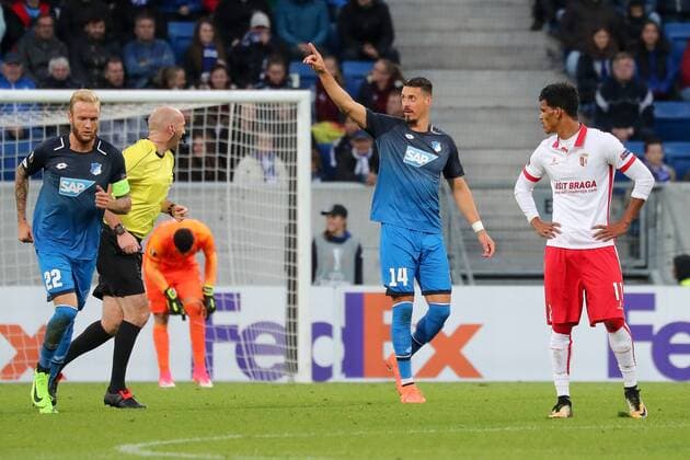 Sandro Wagner (Hoffenheim, 14), jubelt über das Tor zum 1:0, Jubel, Torjubel, Torerfolg, celebrate the goal, goal, celebration, Jubel ueber das Tor, optimistisch, Action, Aktion, Fussball, UEFA Europa League, TSG 1899 Hoffenheim - SC Braga,