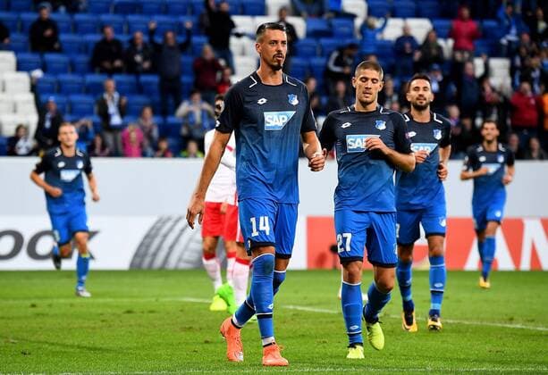 14.09.2017, xfux, Fussball Europa League, TSG 1899 Hoffenheim - Sporting Braga, emspor, v.l. Sandro Wagner (1899 Hoffenheim) Torjubel, Goal celebration, celebrate the goal zum 1:0 Sinsheim