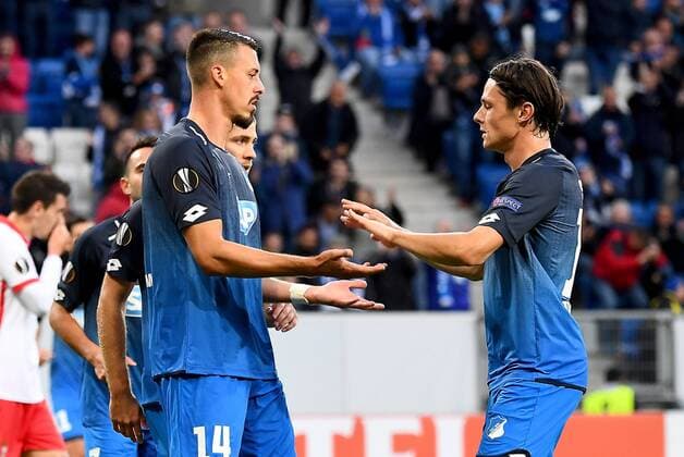 14.09.2017, xfux, Fussball Europa League, TSG 1899 Hoffenheim - Sporting Braga, emspor, v.l. Sandro Wagner (1899 Hoffenheim), Nico Schulz (1899 Hoffenheim) Torjubel, Goal celebration, celebrate the goal zum 1:0 Sinsheim