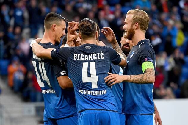 14.09.2017, xfux, Fussball Europa League, TSG 1899 Hoffenheim - Sporting Braga, emspor, v.l. Sandro Wagner (1899 Hoffenheim) und Spieler TSG 1899 Hoffenheim Torjubel, Goal celebration, celebrate the goal zum 1:0 Sinsheim