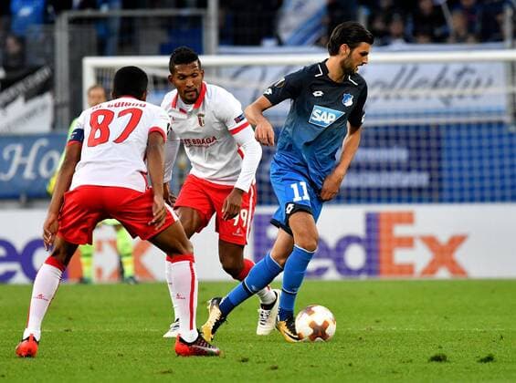 14.09.2017, xfux, Fussball Europa League, TSG 1899 Hoffenheim - Sporting Braga, emspor, v.l. Marcelo Goiano (SC Sporting Braga), Dyego Sousa (SC Sporting Braga), Florian Grillitsch (1899 Hoffenheim) Sinsheim