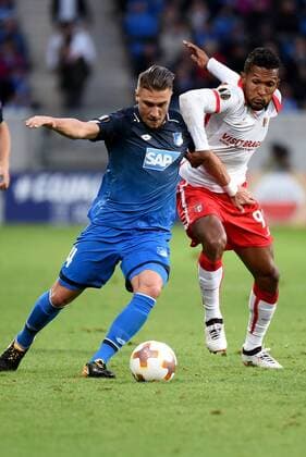 Ermin Bicakcic (TSG 1899 Hoffenheim), Dyego Wilverson Frreira Sousa (Sporting Braga). Deutschland, Sinsheim: Fussball, UEFA Europa League, Matchday 1: TSG 1899 Hoffenheim vs Sporting Braga am 14.09.2017, Rhein-Neckar-Arena.