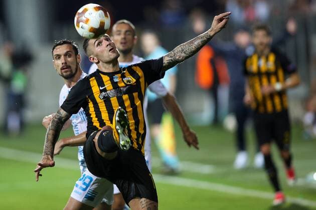 SOCCER - EL, Rijeka vs Athens RIJEKA,CROATIA,14.SEP.17 - SOCCER - UEFA Europa League, group stage, HNK Rijeka vs AEK Athens. Image shows Marko Livaja (Athens) and Marko Vesovic (Rijeka). GEPAxpictures xMaticxKlansek