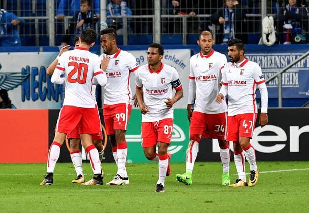 14.09.2017, xfux, Fussball Europa League, TSG 1899 Hoffenheim - Sporting Braga, emspor, v.l. Joao Teixeira (SC Sporting Braga) und Spieler SC Sporting Braga) Torjubel, Goal celebration, celebrate the goal zum 1:1 Sinsheim
