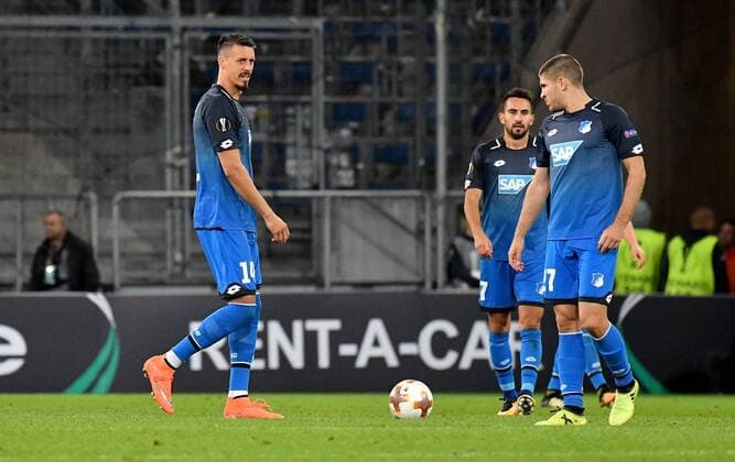 14.09.2017, xfux, Fussball Europa League, TSG 1899 Hoffenheim - Sporting Braga, emspor, v.l. Sandro Wagner (1899 Hoffenheim), Andrej Kramaric (1899 Hoffenheim) enttaeuscht, enttaeuscht schauend, dissapointed Sinsheim