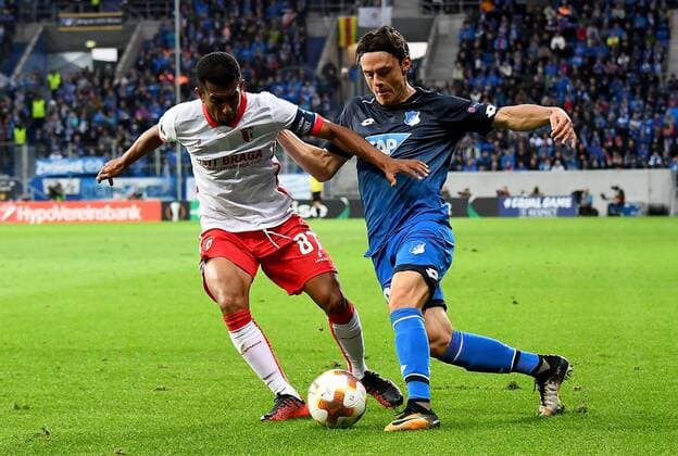 14.09.2017, xfux, Fussball Europa League, TSG 1899 Hoffenheim - Sporting Braga, emspor, v.l. Marcelo Goiano (SC Sporting Braga), Nico Schulz (1899 Hoffenheim) Sinsheim