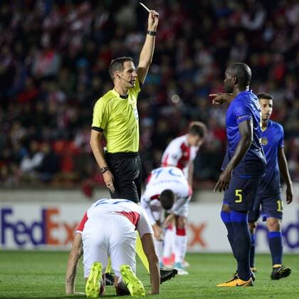 JEAN-SYLVAIN BABIN (right) of Maccabi Tel Aviv receives yellow card during the Football Europa League 1st round group A match: Slavia Praha vs Maccabi Tel Aviv in Prague, Czech Republic, September 14, 2017. (CTKxPhoto MichalxKamaryt) CTKPhotoP201709140958601  kmt 2
