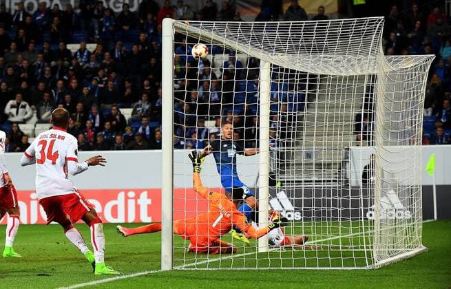 14.09.2017, xfux, Fussball Europa League, TSG 1899 Hoffenheim - Sporting Braga, emspor, v.l. Raul Silva (SC Sporting Braga), Matheus (SC Sporting Braga), Andrej Kramaric (1899 Hoffenheim) Sinsheim