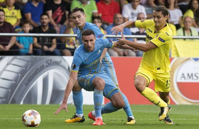 Villarreal CF s Turkish striker Enes Unal (R) in action against Astana s defenders during the UEFA Europa League Group A soccer match between Villarreal CF and Astana played at La Ceramica stadium, in Villarreal, eastern Spain, 14 September 2017. Villarreal CF vs Astana !ACHTUNG: NUR REDAKTIONELLE NUTZUNG!  Copyright: xDomenechxCastellox 20170914-636410189185528591