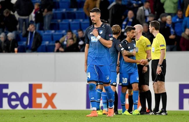Fußball, EL, TSG 1899 Hoffenheim - Sporting Braga 14.09.2017, xfux, Fussball Europa League, TSG 1899 Hoffenheim - Sporting Braga, emspor, v.l. Sandro Wagner (1899 Hoffenheim) enttaeuscht, enttaeuscht schauend, dissapointed Sinsheim