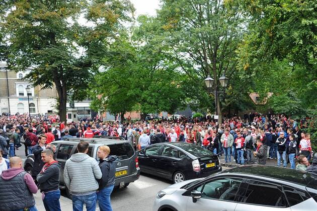 London, England 14.09.2017, UEFA Europa League - 2017 18 Season, 1st game day, FC Arsena - 1. FC Koeln, Fans Koeln auf dem Weg zu ihrem Treffpunkt in Highbury ( DeFodi521