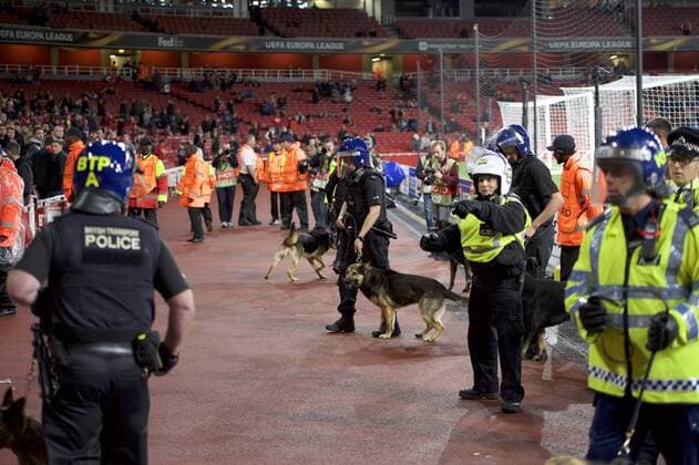 Arsenal v FC Cologne UEFA Champions League Police with dogs come into the stadium to control the crowds before the UEFA Champions League match at the Emirates Stadium, London Content Not Available For UK Newspapers Copyright: xAlanxStanfordx FIL-10666-0007
