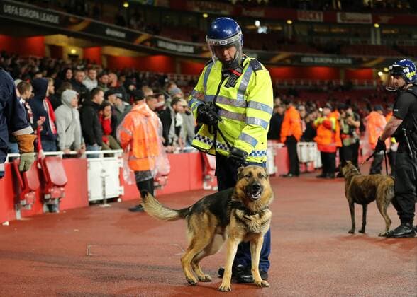 14th September 2017, Emirates Stadium, London, England; UEFA Europa League Group stage, Arsenal versus FC Cologne; Police Dogs are called as the atmosphere hightens with the FC Koln fans  ActionPlus11930006
