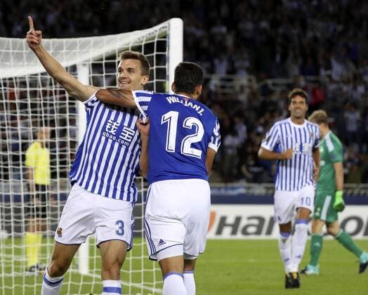 Real Sociedad s defender Diego Llorente jubilates a goal against Rosenborg during the UEFA Europa League match that both teams played at the Anoeta stadium in San Sebastian, Basque Country, Spain, 14 September 2017. Real Sociedad vs. Rosenborg !ACHTUNG: NUR REDAKTIONELLE NUTZUNG!  Copyright: xJavierxEtxezarretax SSB006 20170914-636410216854284242