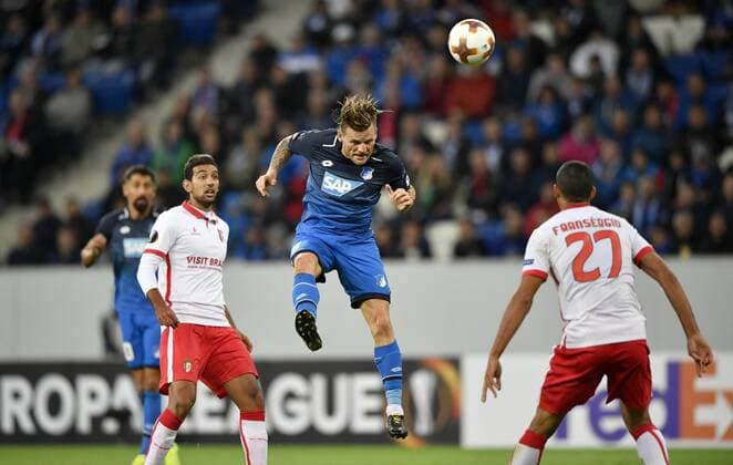 Torschuss Aktion Torchance Kopfball Eugen Polanski TSG 1899 Hoffenheim TSG 1899 Hoffenheim vs Sporting SC Braga Europa League 14.09.2017 TSG 1899 Hoffenheim vs Sporting SC Braga