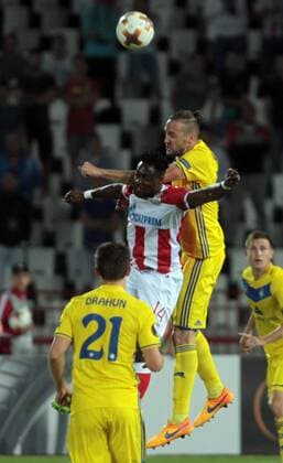 14.09.2017 Belgrade(Serbia) FK Crvena Zvezda(FC Red Star)-FC Bate Borisov Europa League men s football Richmond Boakye(c) FK Crvena Zvezda (FC Red Star) in duel with Nemanja Milunovic(r) FC Bate Borisov : 
