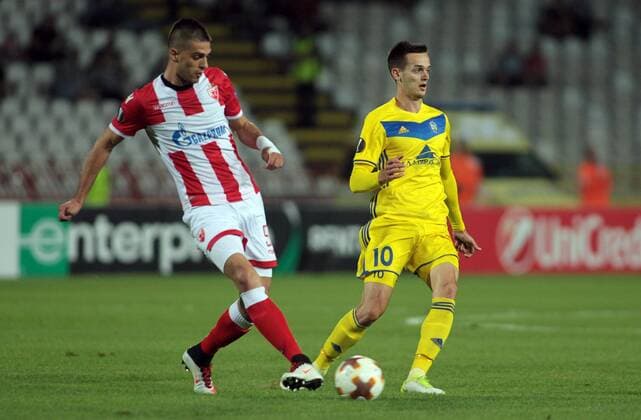 14.09.2017 Belgrade(Serbia) FK Crvena Zvezda(FC Red Star)-FC Bate Borisov Europa League men s football Vujadin Savic(L) FK Crvena Zvezda (FC Red Star),Mirko Ivanic(r) FC Bate Borisov : 