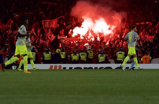 Arsenal v FC Cologne UEFA Champions League FC Cologne fans let off flares during the UEFA Champions League match at the Emirates Stadium, London Content Not Available For UK Newspapers Copyright: xAlanxStanfordx FIL-10666-0025