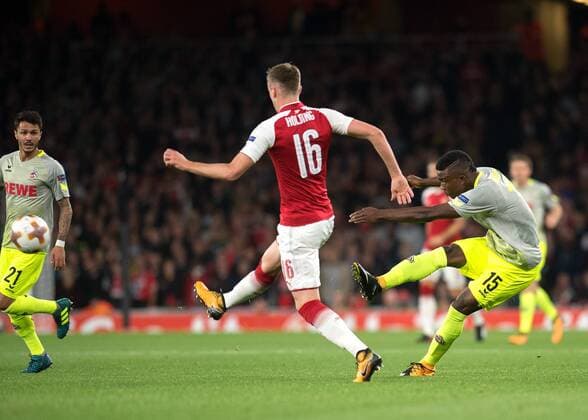 Jhon C—rdoba of FC Colgne scores the opening goal during the UEFA Europa League group stage match between Arsenal and FC Cologne at the Emirates Stadium, London, England on 14 September 2017. Copyright: xVincexMignottx 16660004