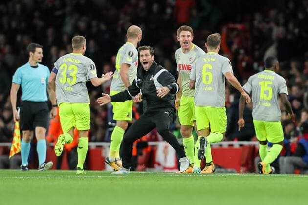 London, England 14.09.2017, UEFA Europa League - 2017 18 Season, 1st game day, FC Arsenal - 1. FC Koeln, Tor zum 0:1 Torschuetze Jhon Andres Cordoba Coete (KOE) wird bejubelt < ( DeFodi048